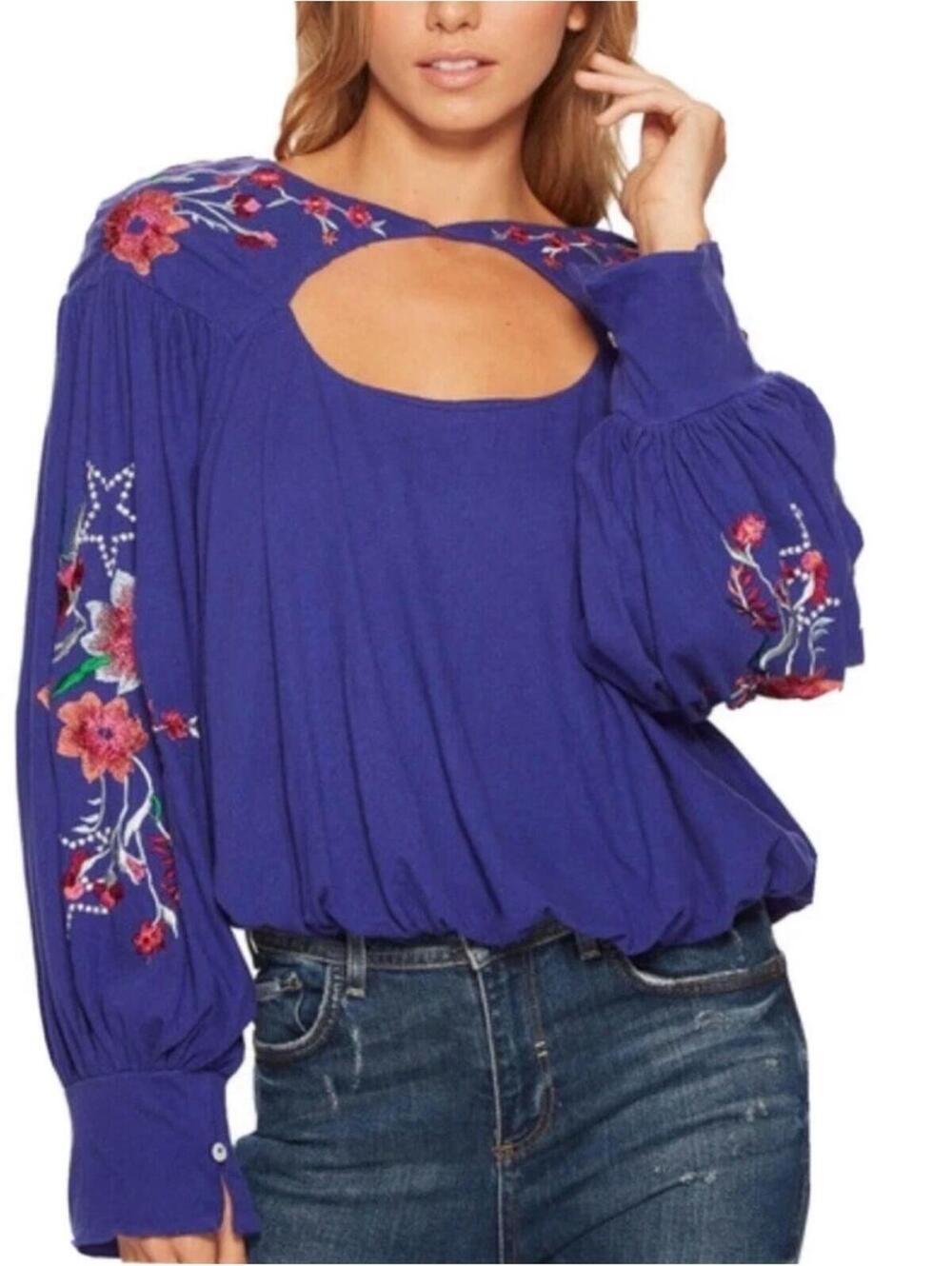 Free People Lita Floral Embroidered Cutout linen/cotton Blue Medium NWT